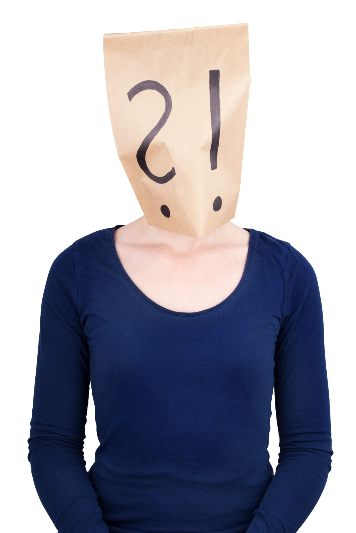 Person with paper bag on a head with question mark and interrogation mark