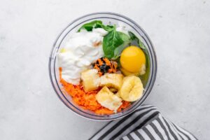 Ingredients for Ninja Turtle Veggie Muffins in processor