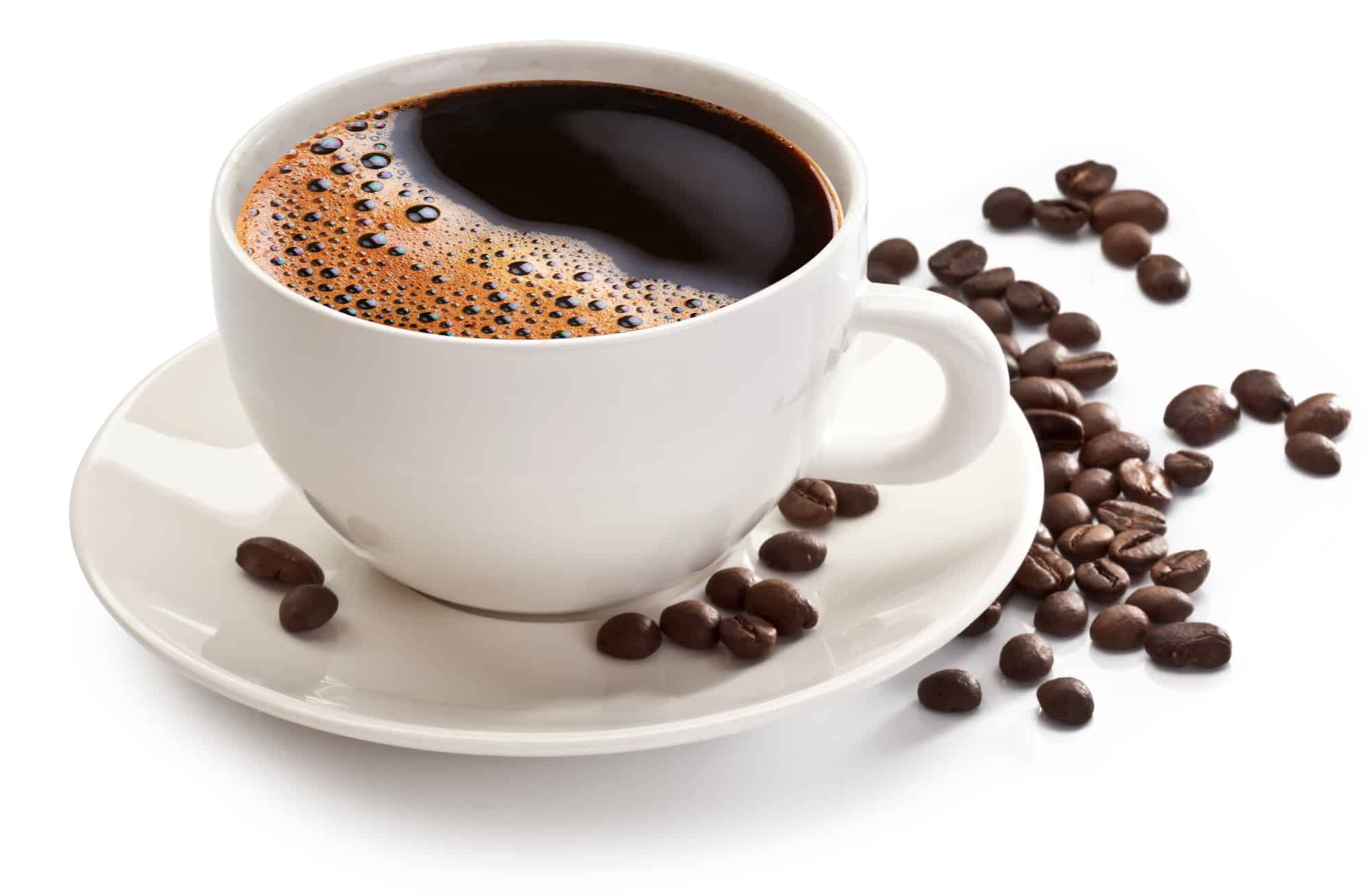 Coffee cup and beans on a white background.