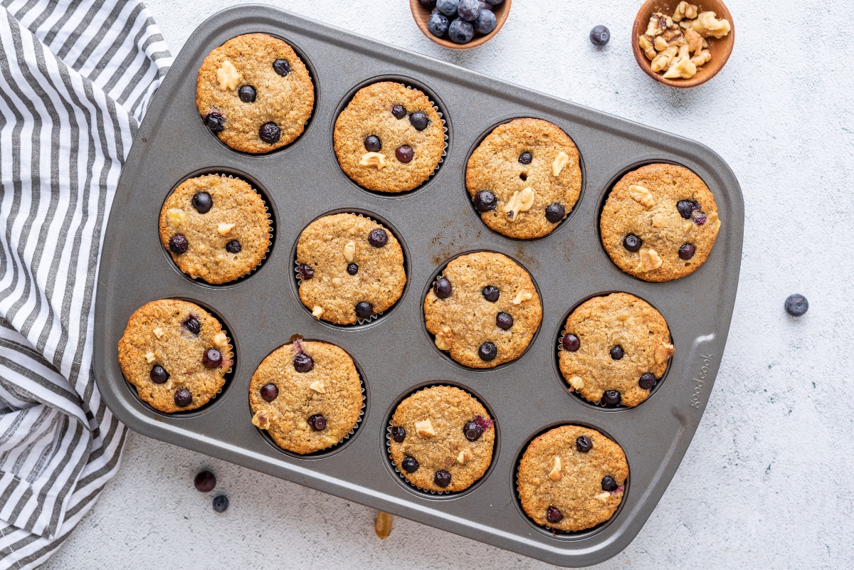 Oat Banana Blueberry Muffins in muffin pan