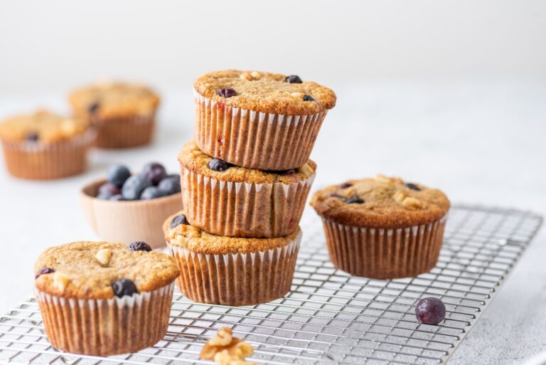 Oat Banana Blueberry Muffins stacked together