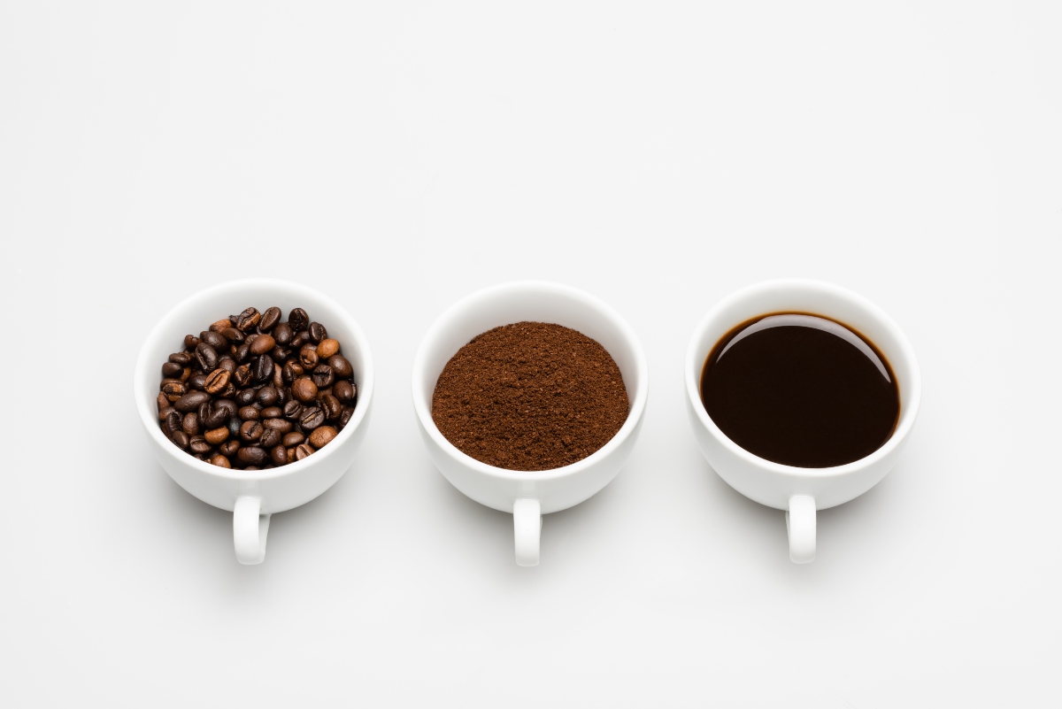 3 cups of coffee beans, grounded coffee and coffee drink