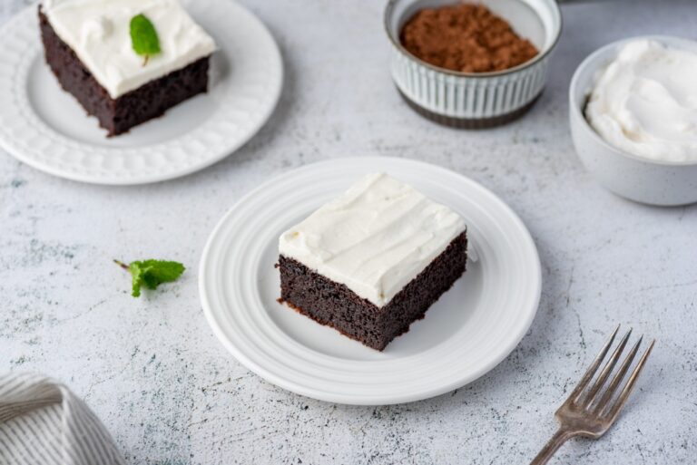 Couple pieces of keto chocolate cake served on the plates