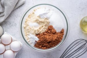 Dry ingredients in the bowl for the keto chocolate cake