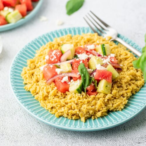 High Fiber Watermelon Salad with Coconut Rice on a plate