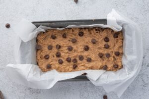 Keto Chocolate Banana Bread Batter in Loaf Pan