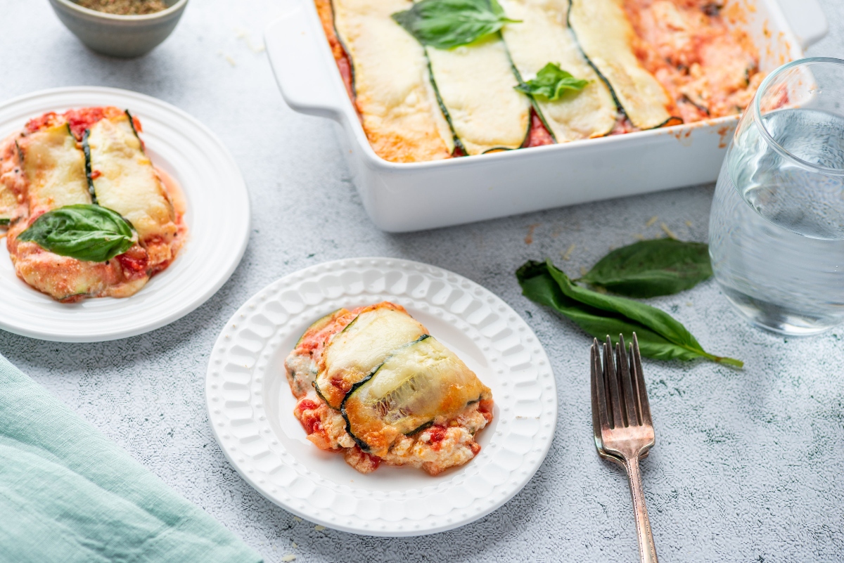 Keto Vegetarian Lasagna in baking dish and on plates
