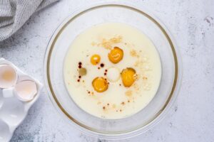 Liquid ingredients in a bowl for keto cake