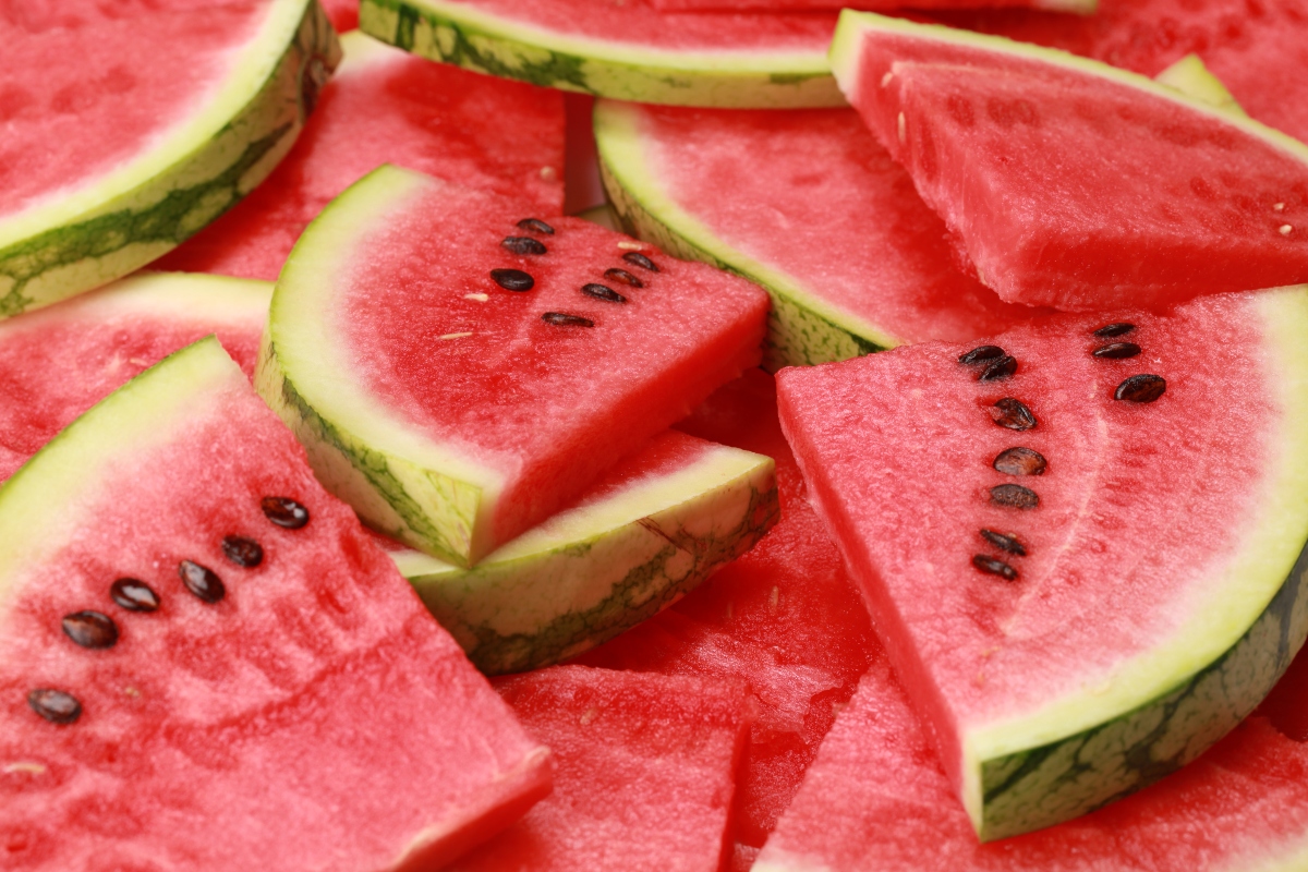 Slices of watermelon stacked on each other