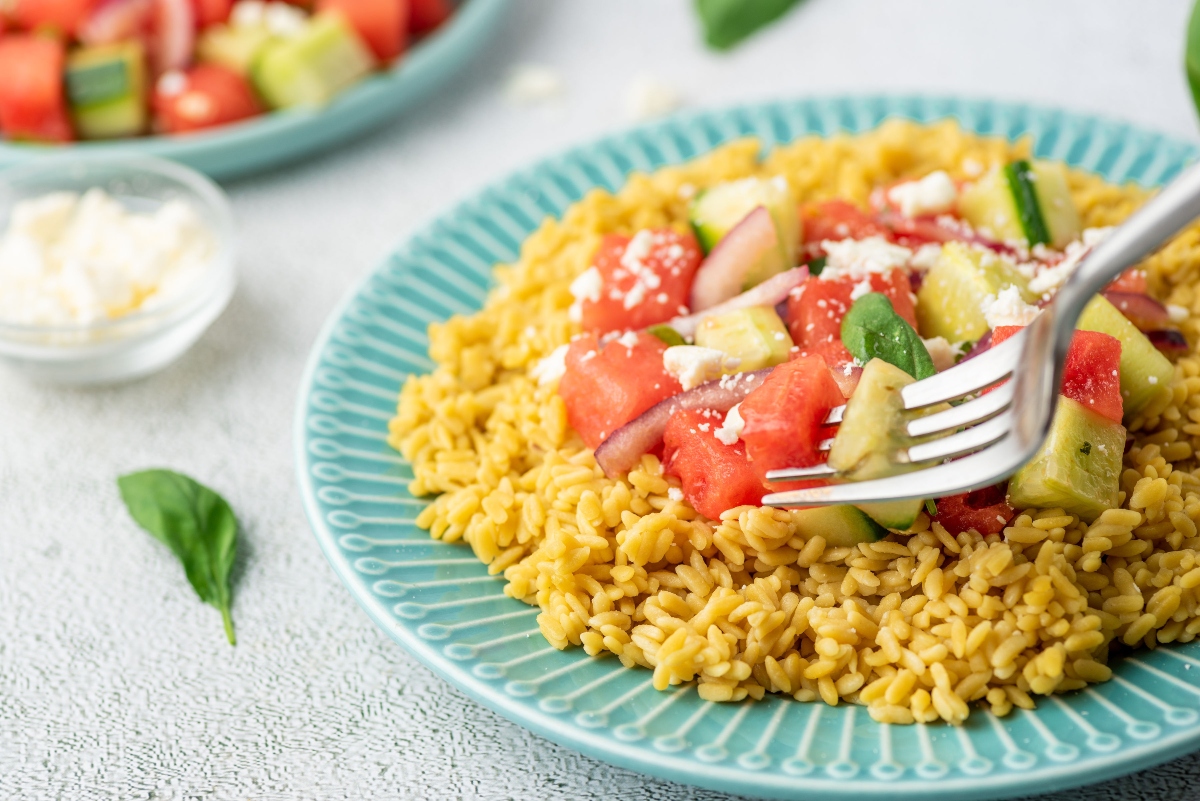Watermelon Salad with Coconut Rice on a plate