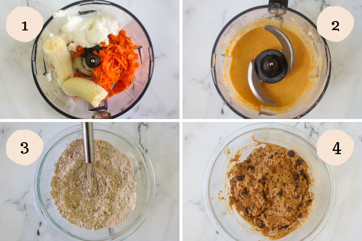 Process steps on how to make banana carrot muffins