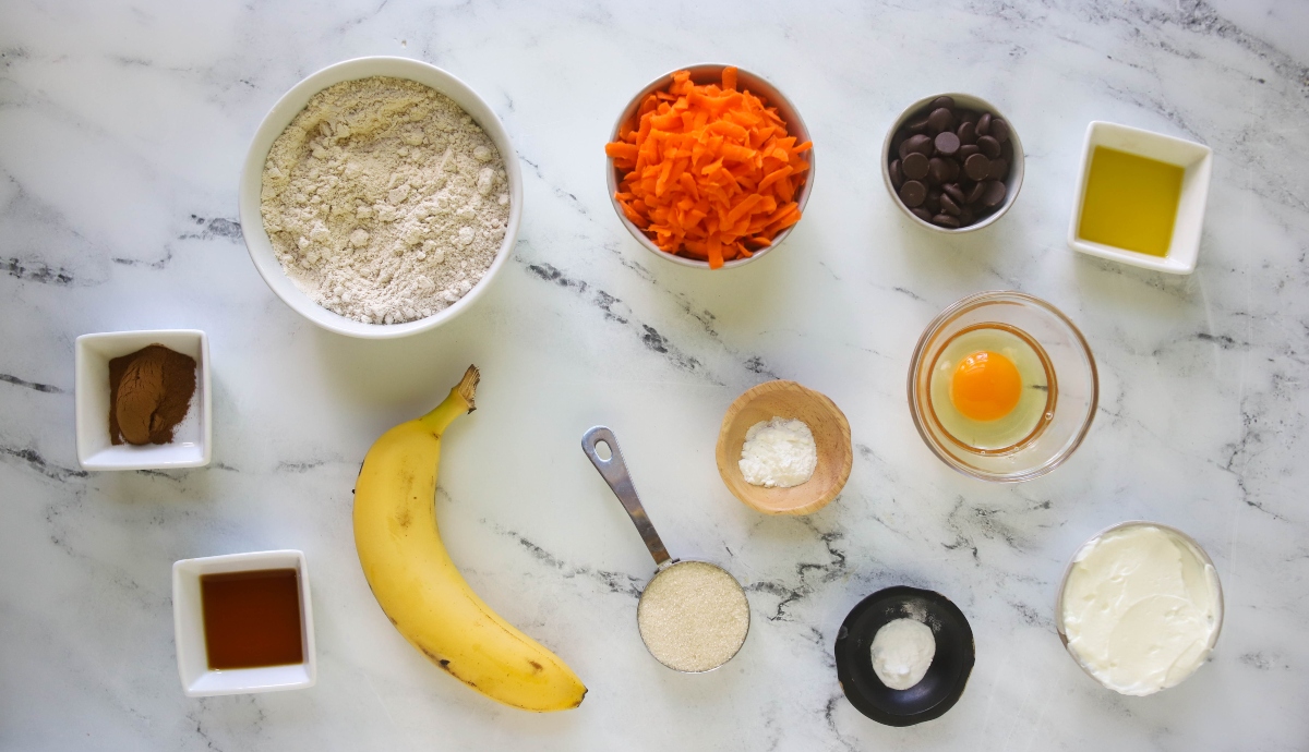 Ingredients for banana carrot muffins