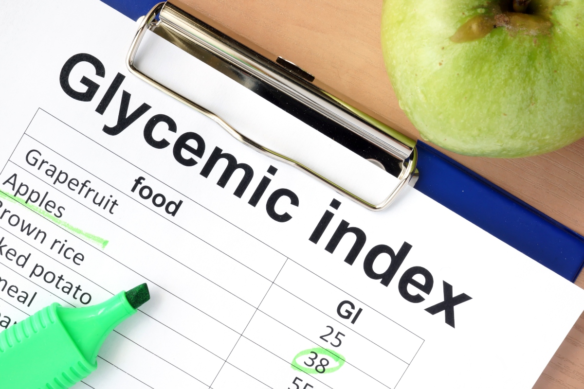 Glycemic index chart with green maker and a green apple beside