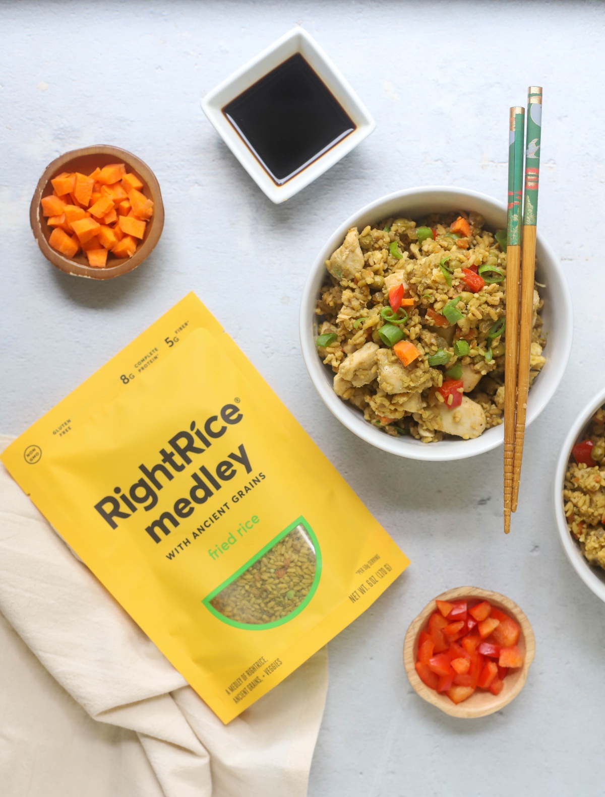 RichtRice package and a bowl of fried rice 