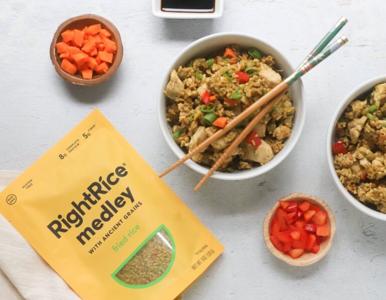 RightRice package and a bowl with chicken fried rice and chopsticks on the bowl