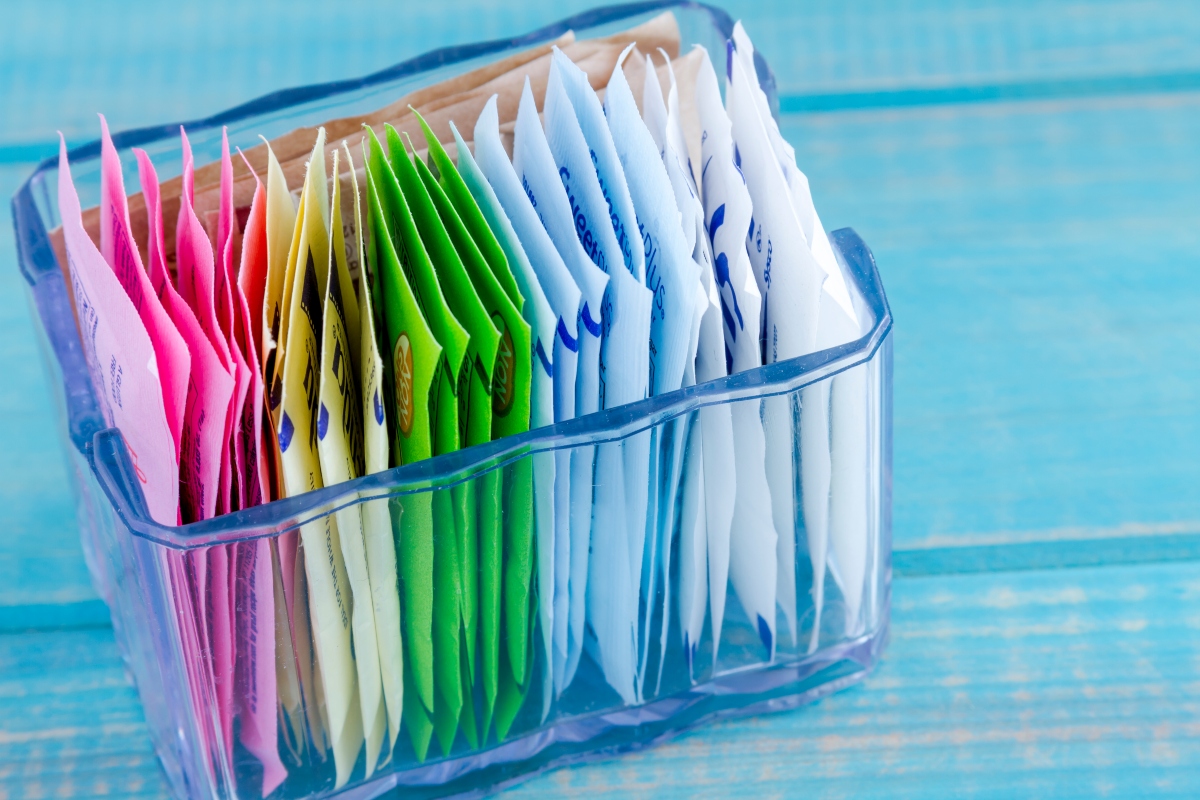 Sweeteners in a transparent glass container