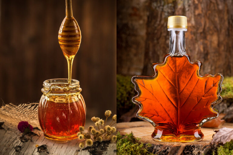 Honey in the jar and maple syrup on the other side in a leaf shaped bottle