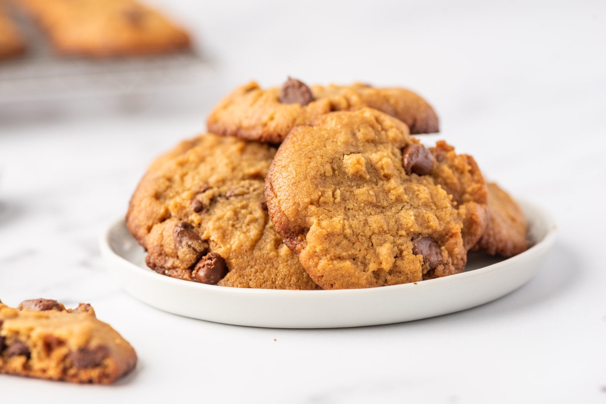 No sugar added peanut butter cookies stacked on a plate