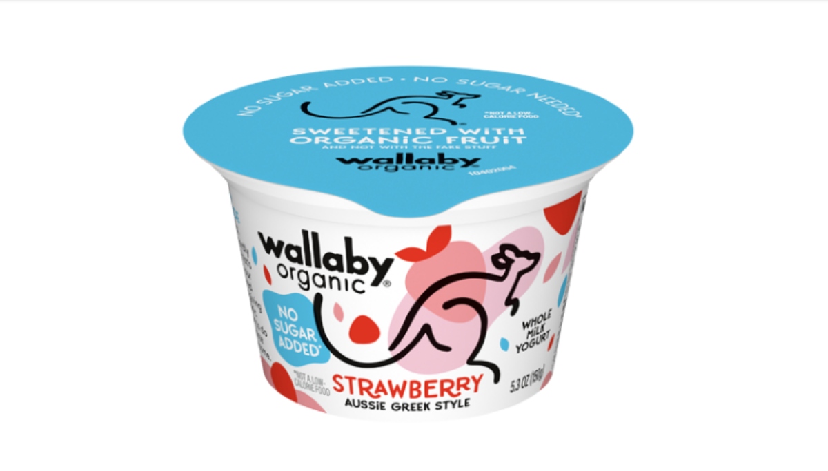 Wallaby organic strawberry Greek yogurt against the white background