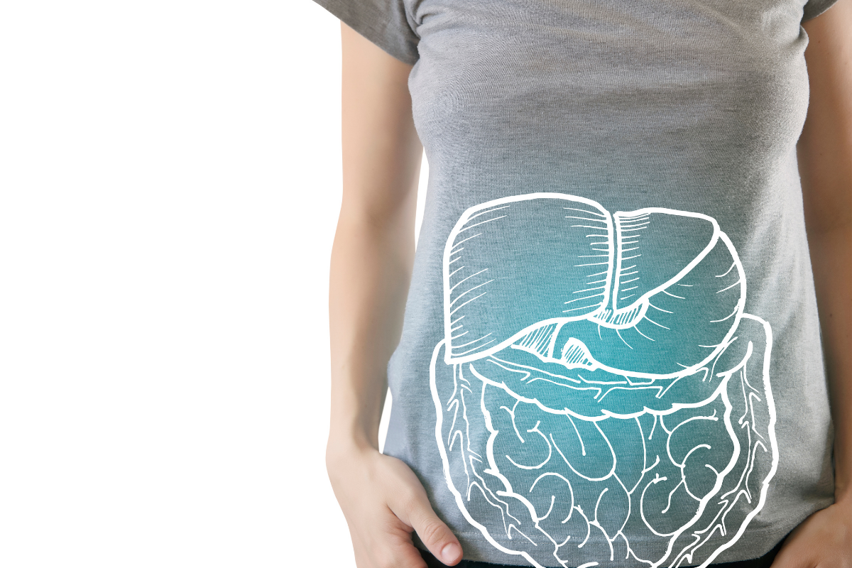 A woman with animated gut on her stomach