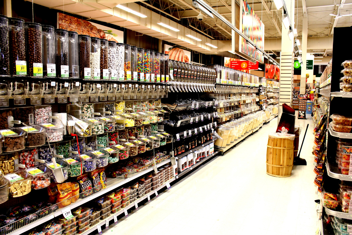 Grocery store and shelfs with products