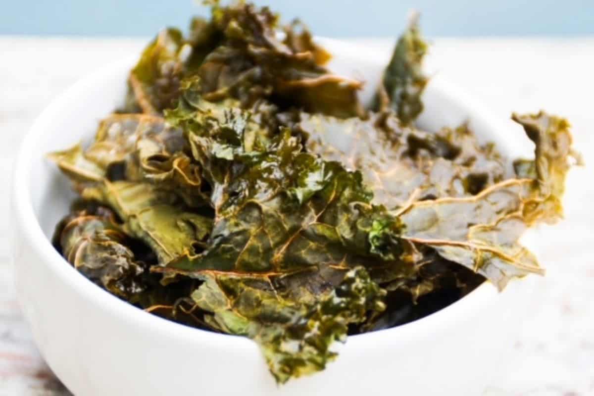 Kale chips in a white bowl