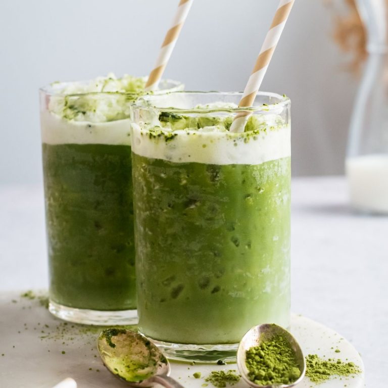 Frozen matcha latte in glasses
