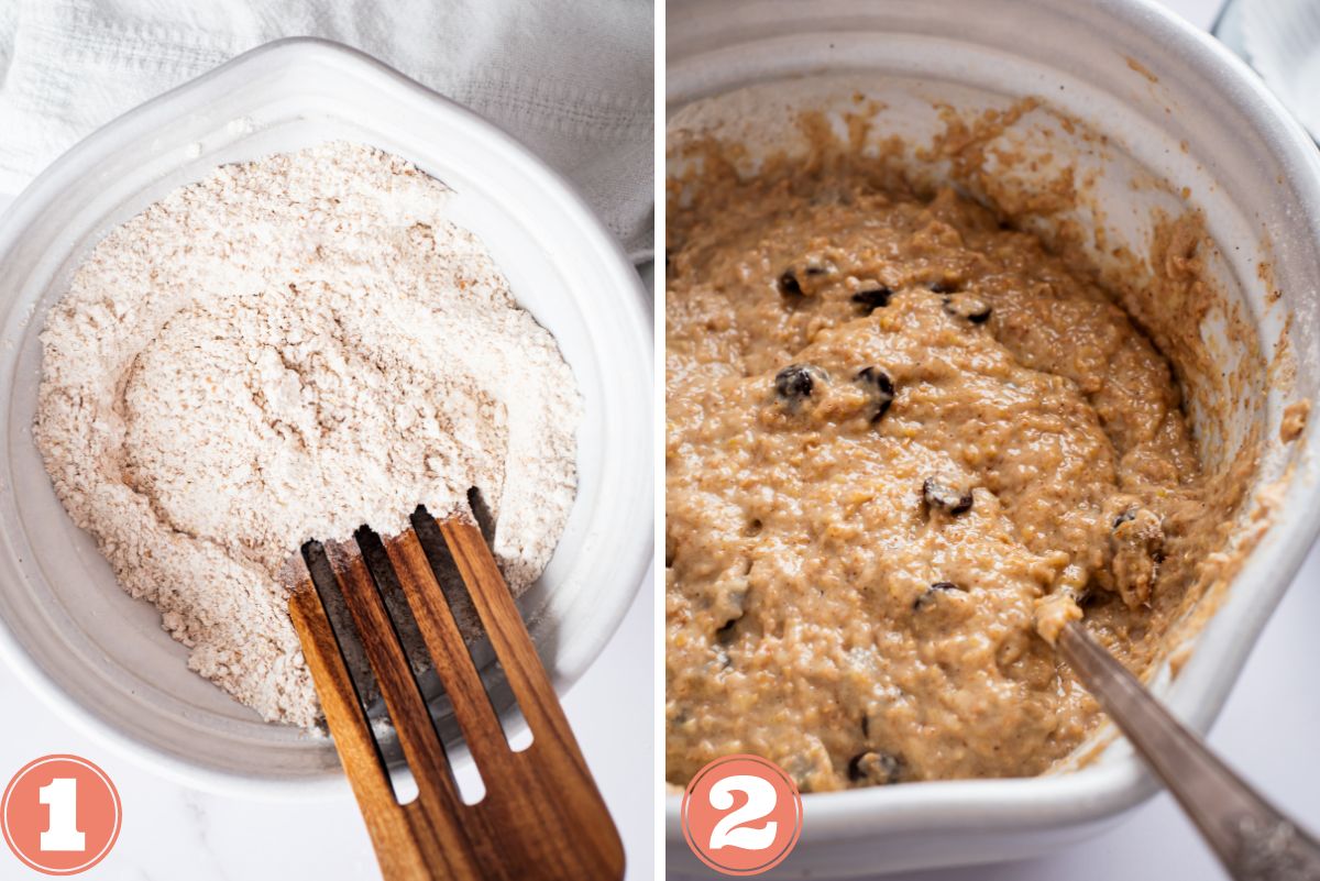 Bowl with mixed dry ingredients and other bowl with wet and dry ingredients for the muffins