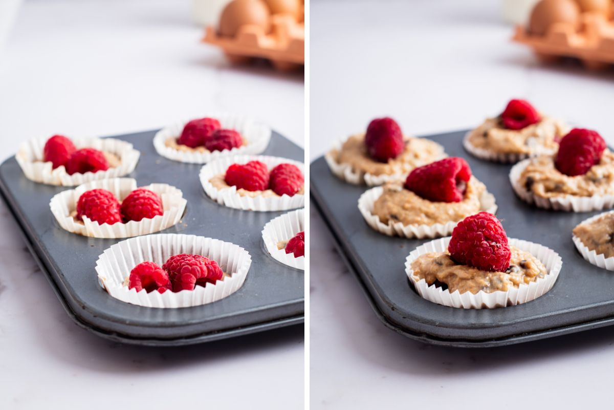 Adding raspberries to the batter in the muffin tin and topping the second layer of batter with an additional raspberry 