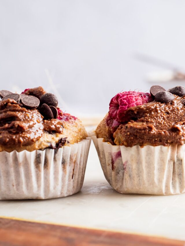 Two raspberry chocolate cupcakes with chocolate frosting