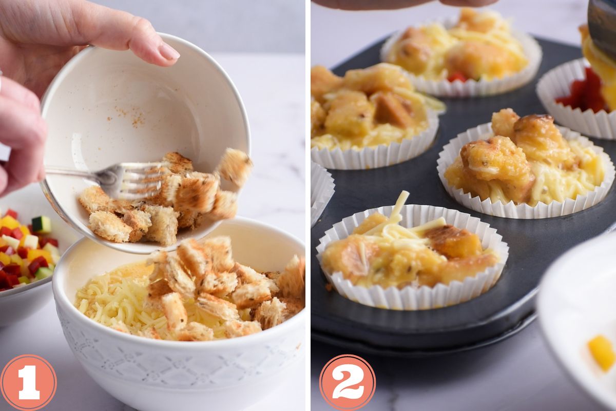 Mixing the bread cubes into the egg mixture, and filling the muffin tray up with the ingredients
