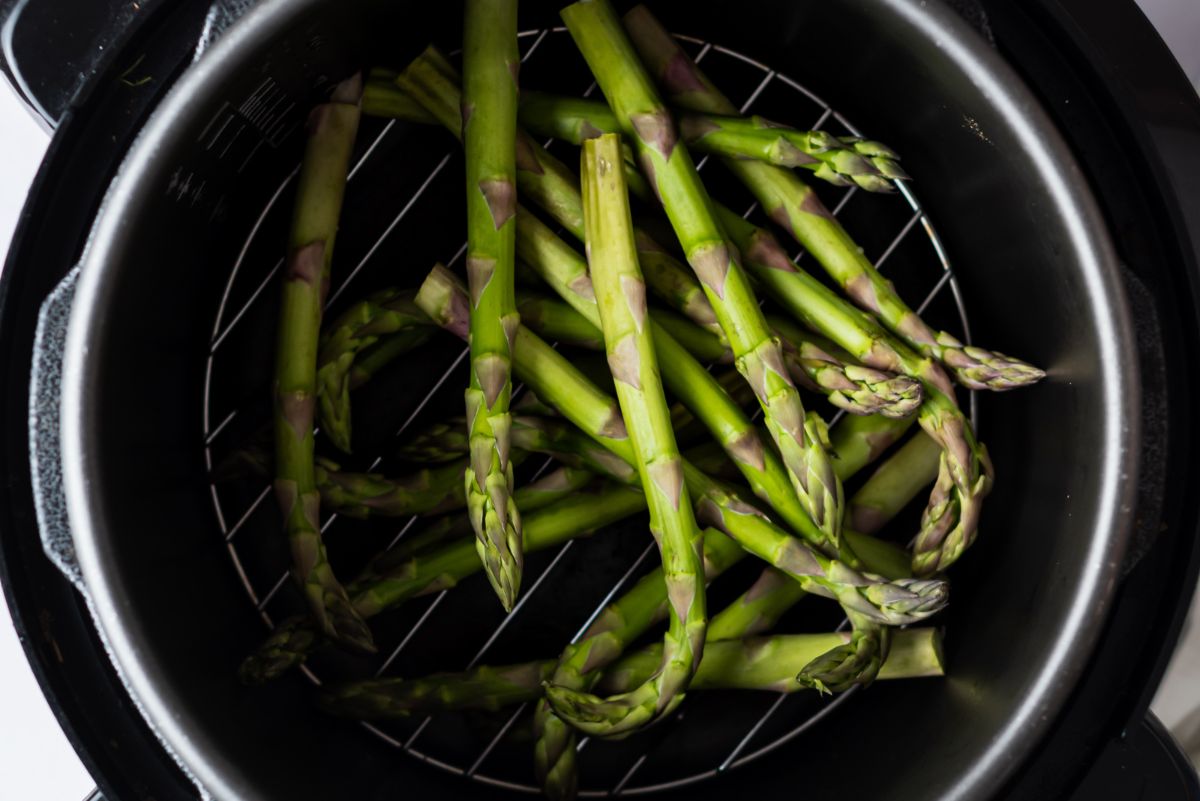 Asparagus in the instant pot on a wire trivet