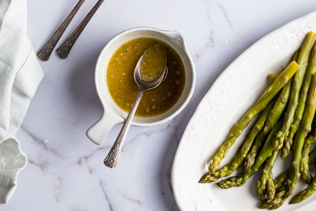 Mixture of ghee and seasonings, ready to be drizzled over the asparagus