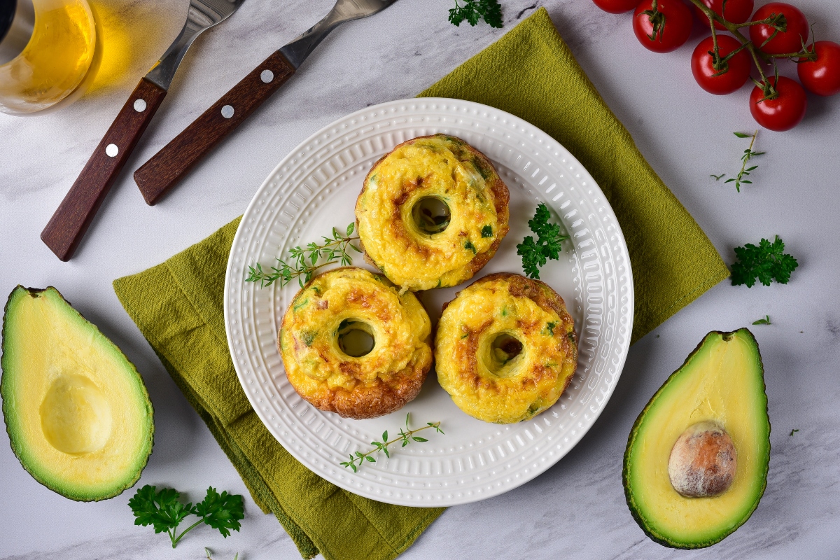 Three omelet bites on a white plate