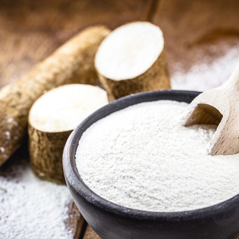 cassava flour and root on a table
