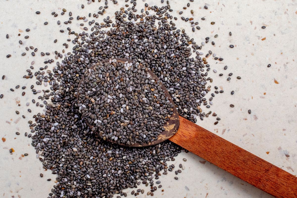 Chia seeds in a wooden spoon