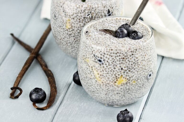 Chia seed pudding made with mangos and blueberries with extreme shallow depth of field