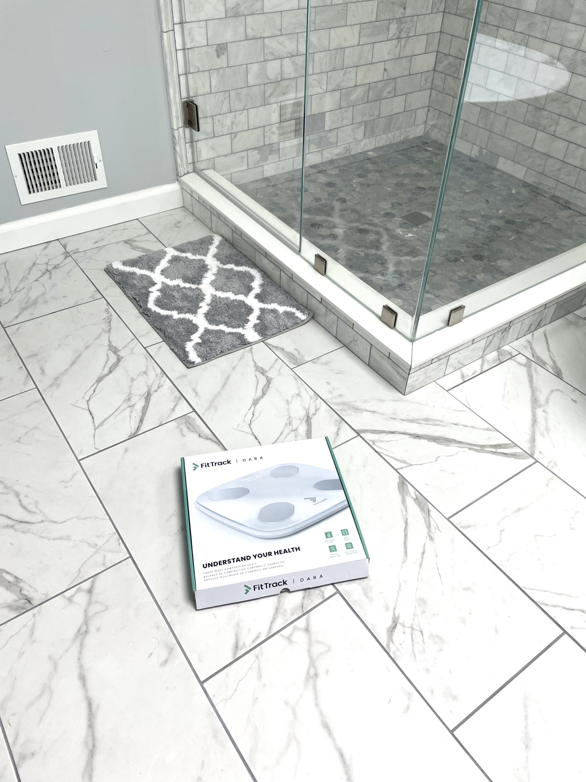 Packed smart scale in a bathroom