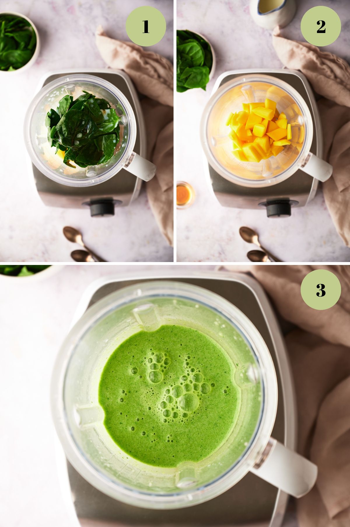 Process shots of mango spinach smoothie