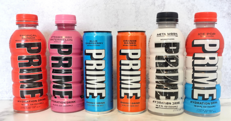PRIME drinks displayed in line of PRIME Hydration and PRIME Energy including six unique flavors
