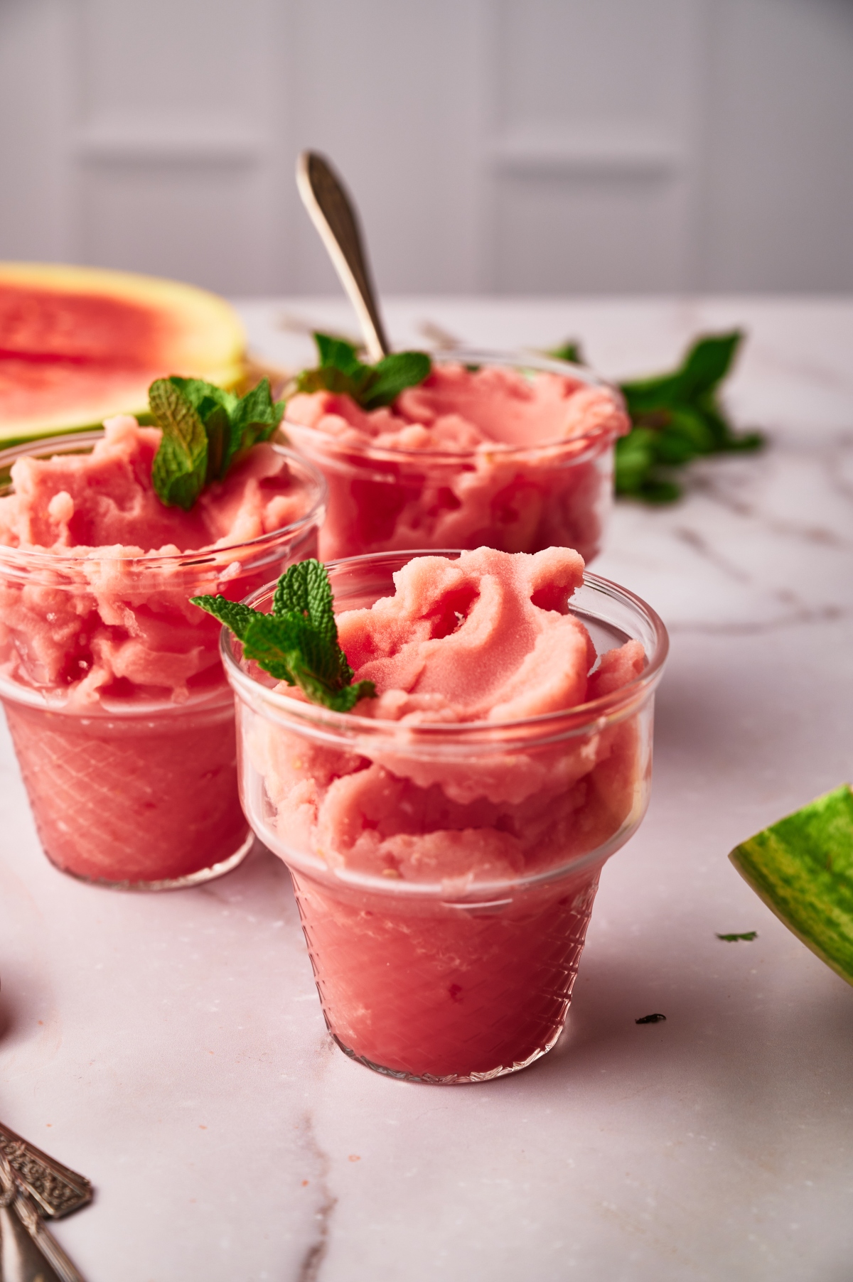 Watermelon nice cream decorated with mint leaves