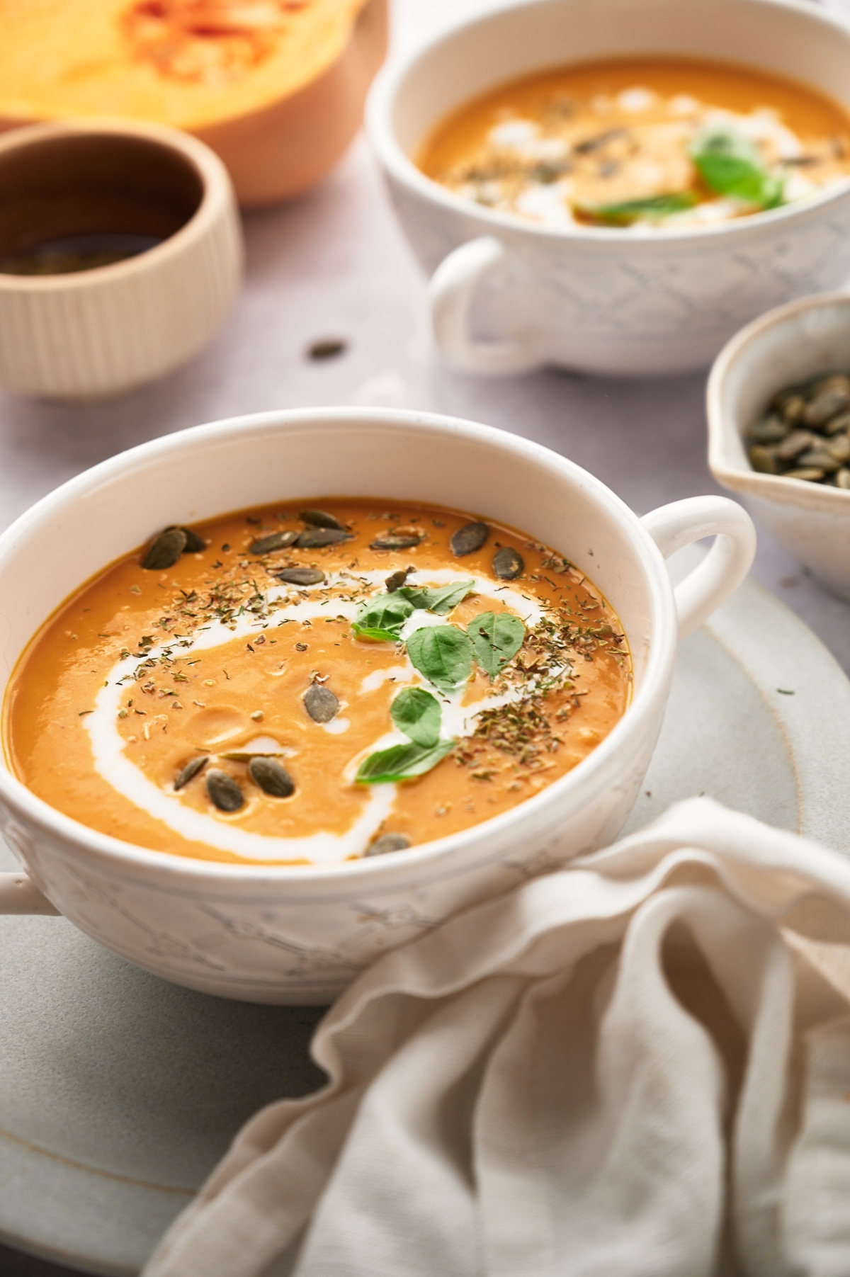 Butternut squash soup in a bowl close-up