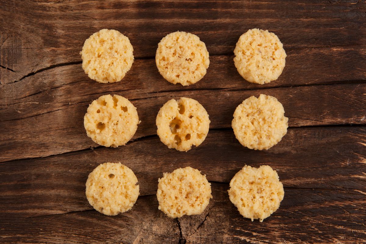 Parmesan crisps on a wooden surface
