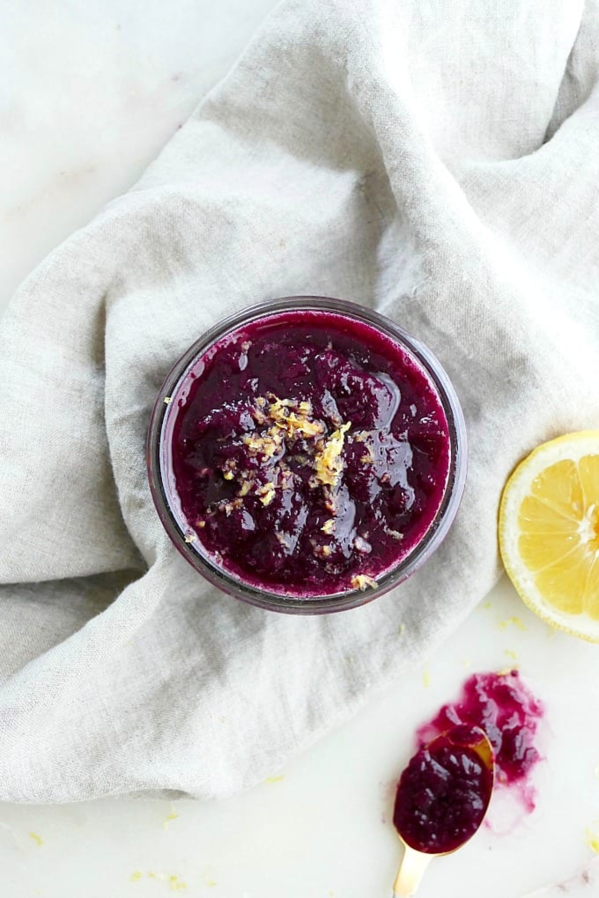 Blueberry rhubarb jam in a bird's-eye view