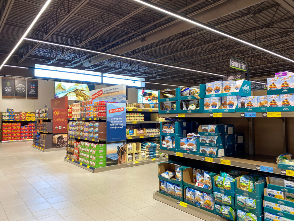 An overview of multiple  aisles of an Aldi store.