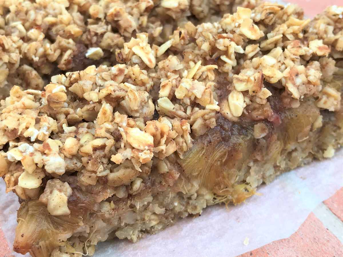 Rhubarb flapjacks close-up