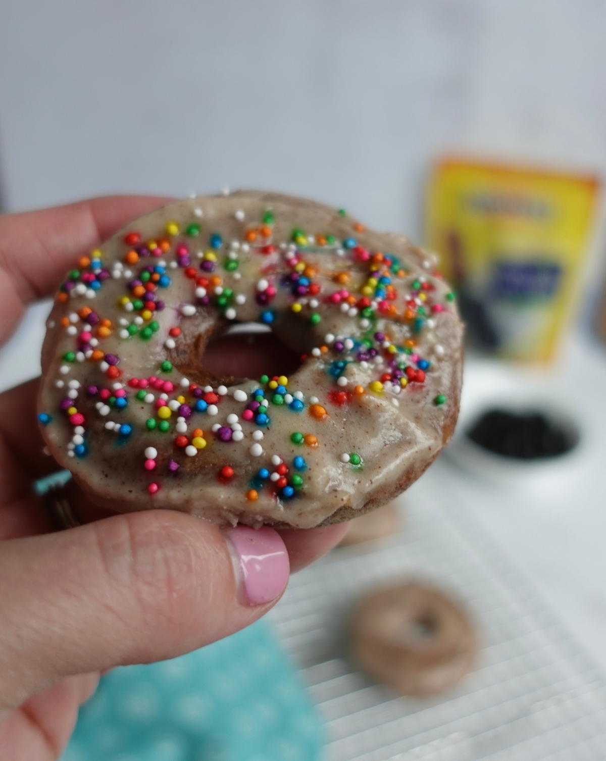 Sprinkled apple prune donut close-up