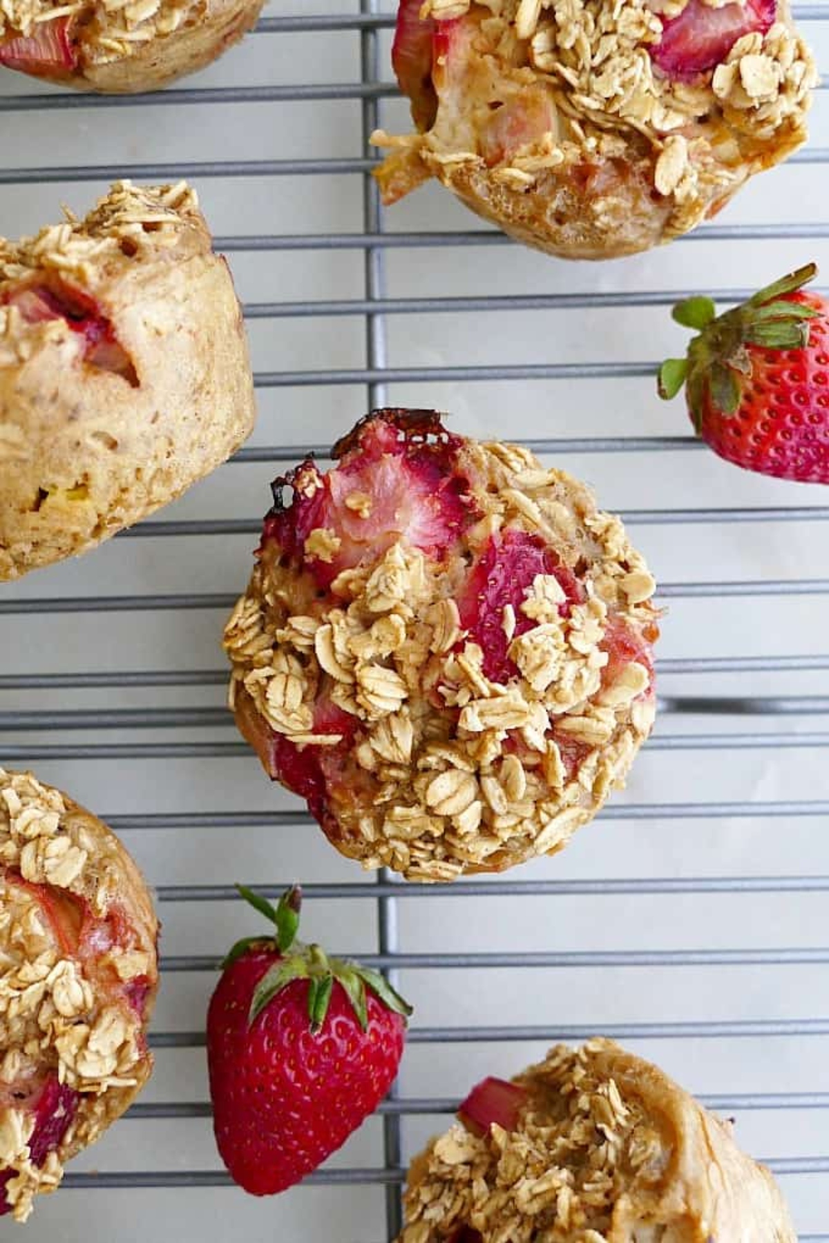Strawberry rhubarb baked oatmeal muffins