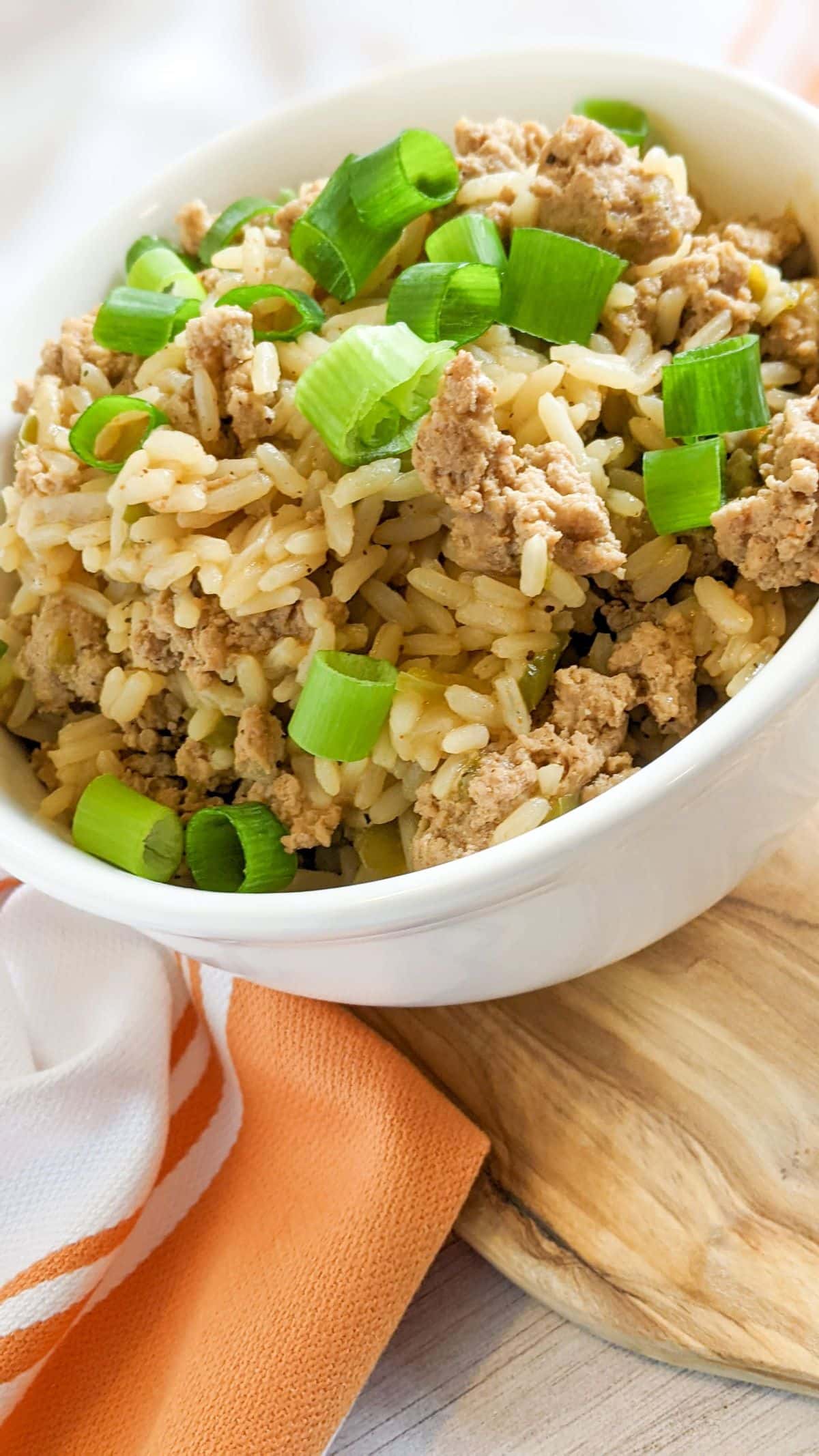 IP dirty rice in a white bowl