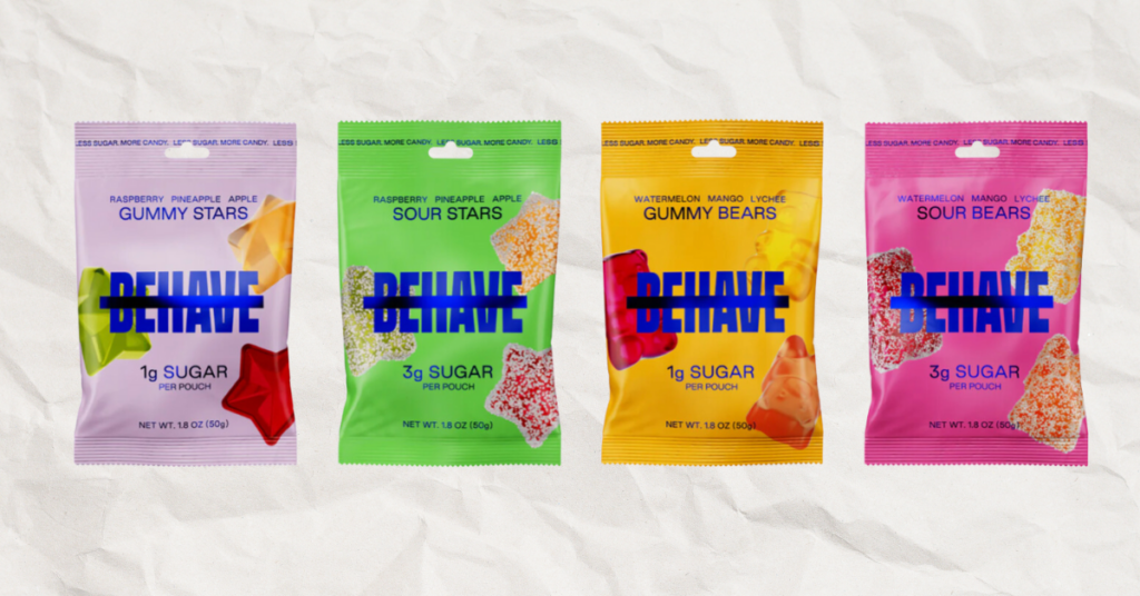 Behave keto candy gummy bear brand wrappers showcasing 4 flavors
